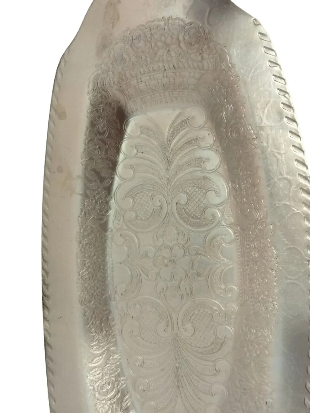 Oval Hammered Aluminum Curved Tray Platter Plate Dish Floral Scroll Design